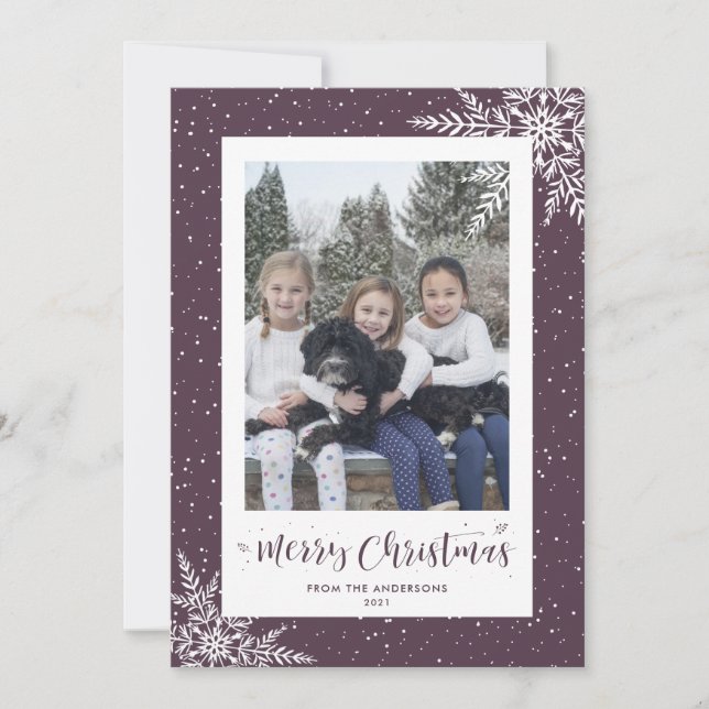 Purple Snowflake Calligraphy Photo Christmas Cards (Front)