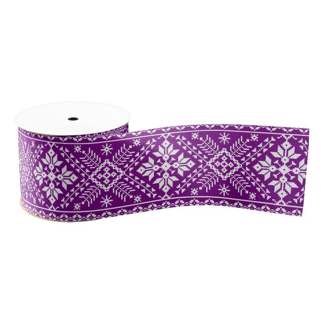 Purple Snowflake & Floral Fair Isle Christmas Grosgrain Ribbon (Spool)