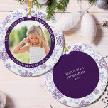 Purple Snowflake Merry Bright and Christmas Photo Ceramic Ornament<br><div class="desc">Snowflake christmas tree photo ornament, lettered with "Have a Merry and Bright Christmas" .. followed by your custom wording such as "love you great grandma". You can also personalize the back of the ornament with a message, your name, the year etc. The photo template will display your photo in a...</div>