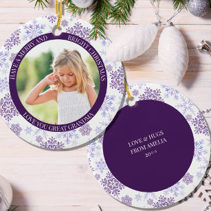 Purple Snowflake Merry Bright and Christmas Photo Ceramic Ornament