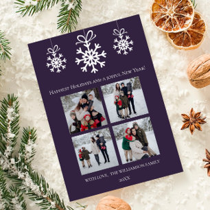 Purple Snowflake Ornaments Photo Collage Holiday Card