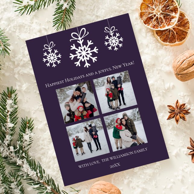 Purple Snowflake Ornaments Photo Collage Holiday Card (Purple Snowflake Ornaments Photo Collage Holiday Card)