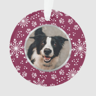 Purple Snowflake Paw Pattern Pet Photo Ornament