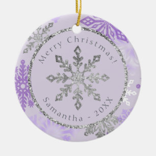 Purple Snowflake Personalized Name Date Ceramic Ornament