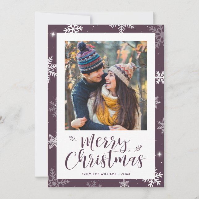 Purple Snowflake Photo Merry Christmas Card (Front)