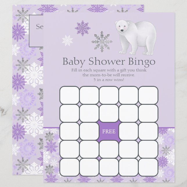 Purple Snowflake Polar Bear Baby Shower Bingo Game (Front/Back)
