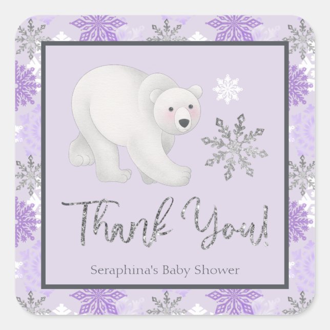 Purple Snowflake Polar Bear Baby Shower Thank You Square Sticker (Front)