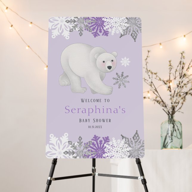 Purple Snowflake Polar Bear Baby Shower Welcome Foam Board (In Situ (Stand))