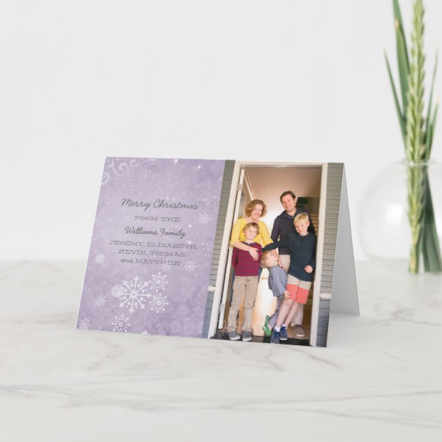 Purple Snowflake Swirls Holiday Photo Card (Front)
