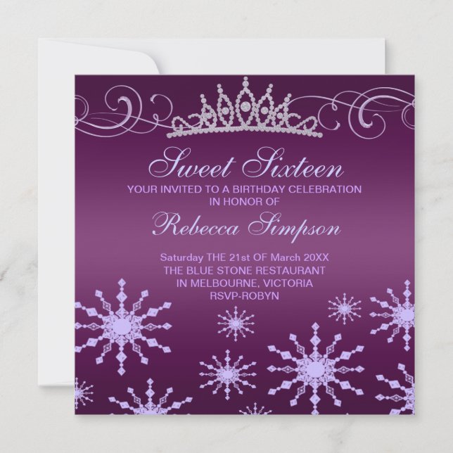 Purple Snowflake & Tiara Design Birthday Invite (Front)