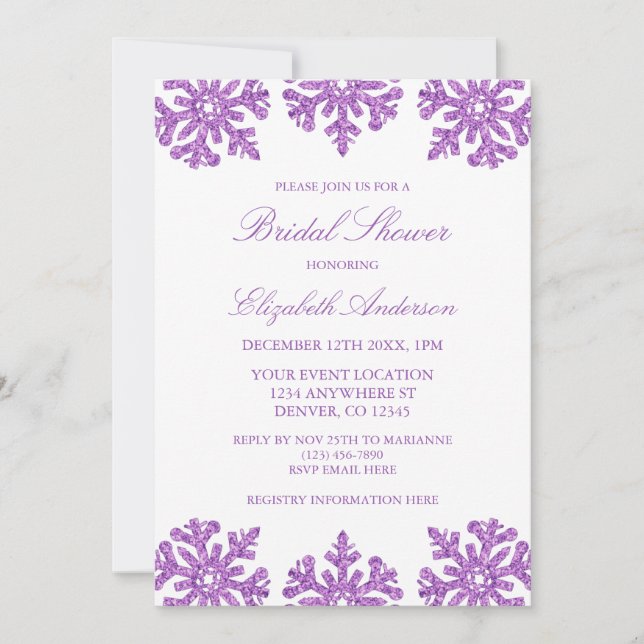 Purple Snowflake Winter Bridal Shower Invitation (Front)