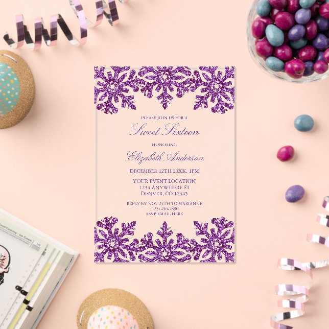 Purple Snowflake Winter Sweet 16 Acrylic Invitations (Insitu (Celebration))