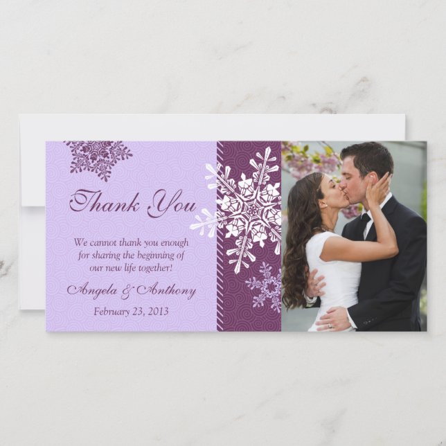 Purple Snowflake Winter Wedding Thank You Card (Front)