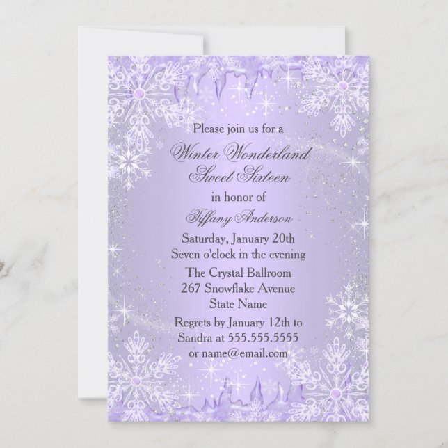 Purple Snowflake Winter Wonderland Sweet 16 Invite (Front)