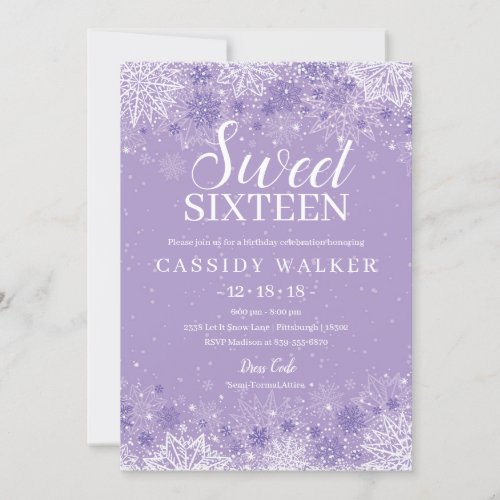 Purple Snowflake Winter Wonderland Sweet Sixteen Invitation