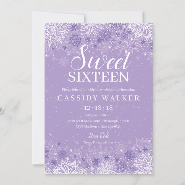 Purple Snowflake Winter Wonderland Sweet Sixteen Invitation (Front)