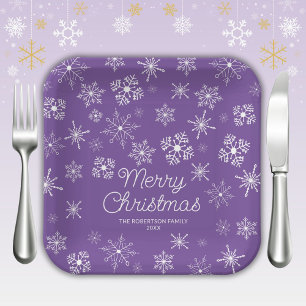 Purple Snowflakes Christmas Party Paper Plates