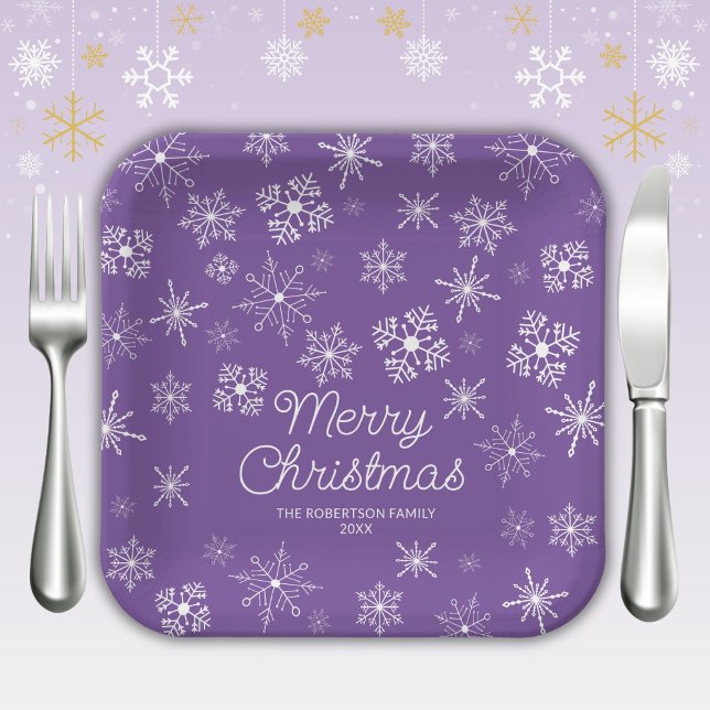 Purple Snowflakes Christmas Party Paper Plates (Creator Uploaded)