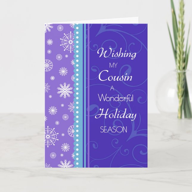 Purple Snowflakes Cousin Christmas Card (Front)