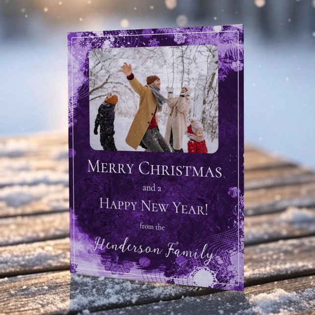 Purple Snowflakes Flat Holiday Photo Card (Purple Snowflakes Flat Holiday Photo Card)