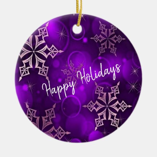 Purple Snowflakes Happy Holidays Ceramic Ornament