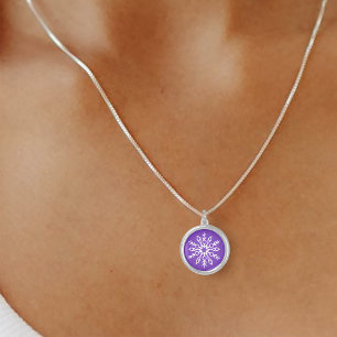 Purple Snowflakes Pattern Magical Winter Holiday Silver Plated Necklace