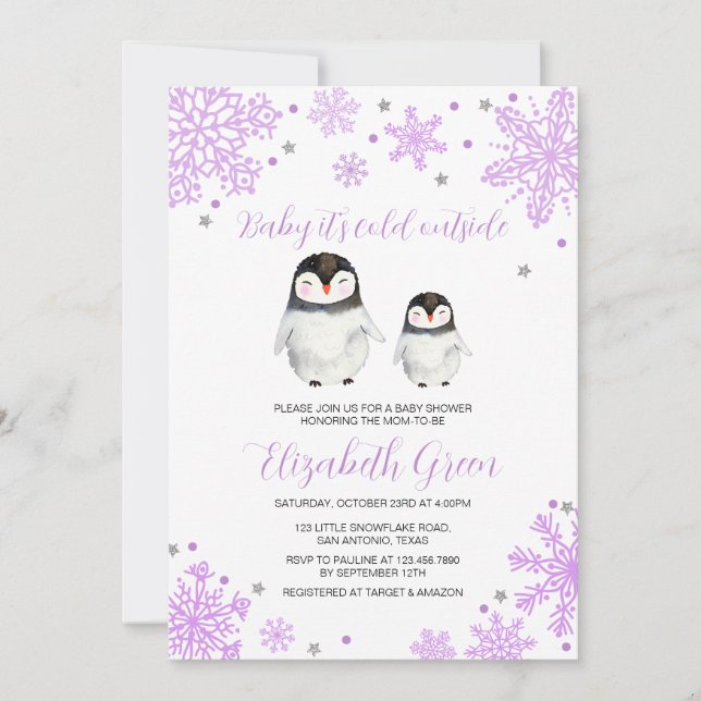 Purple Snowflakes Penguin Baby Shower Invitation (Front)