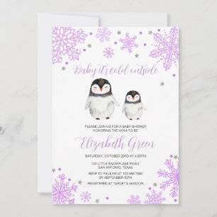 Purple Snowflakes Penguin Baby Shower Invitation