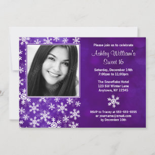 Purple Snowflakes Photo Sweet 16 Invitations