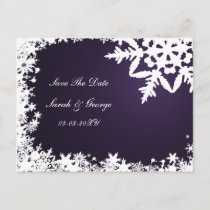 purple snowflakes save the date announcement postcard