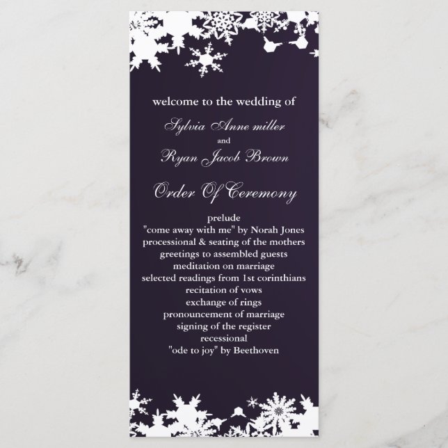 purple snowflakes winter wedding program (Front)