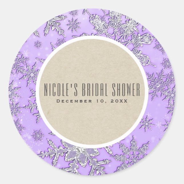 Purple Snowflakes Winter Wonderland Rustic Favor Classic Round Sticker (Front)