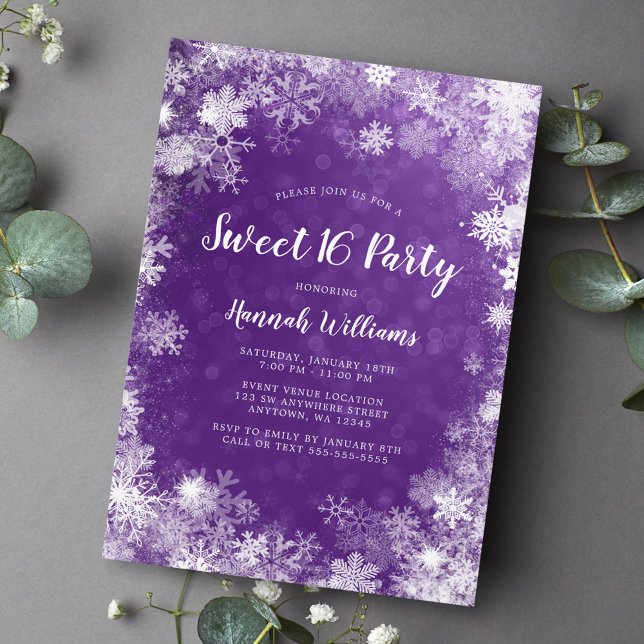 Purple Snowflakes Winter Wonderland Sweet 16 Invitation (Creator Uploaded)