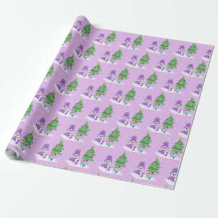 Purple Snowman Blue Bird Christmas Tree Holiday Wrapping Paper