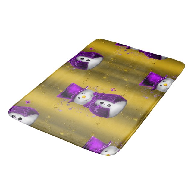 Purple Snowman on Gold Christmas Bathroom Mat (Angled)