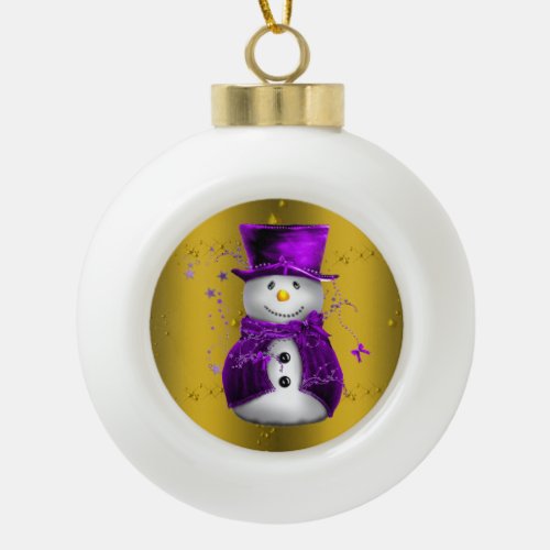 Purple Snowman on Gold Christmas Ceramic Ball Christmas Ornament