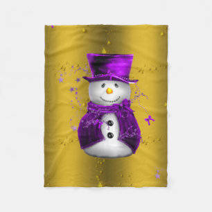 Purple Snowman on Gold Christmas Fleece Blanket