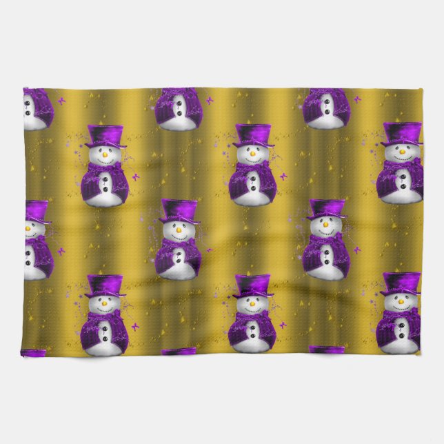 Purple Snowman on Gold Christmas Kitchen Towel (Horizontal)