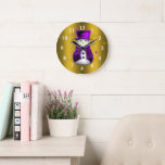 Purple Snowman on Gold Christmas Large Clock<br><div class="desc">A cute and colorful golden Christmas design featuring cute snowmen on gold,  dressed in purple velvet top hats and vests,  surrounded by gold stars to give your Christmas gift giving or Christmas home decor a whimsical and stylish touch this holiday season.</div>