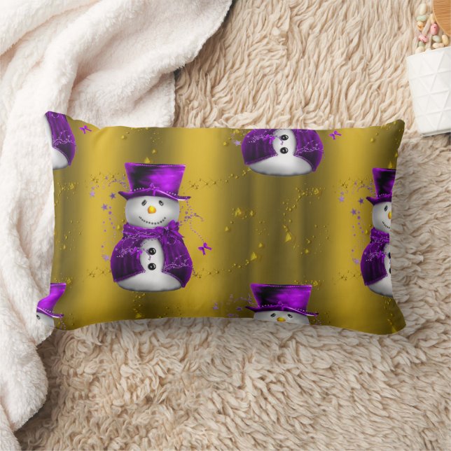 Purple Snowman on Gold Christmas Lumbar Pillow (Blanket)