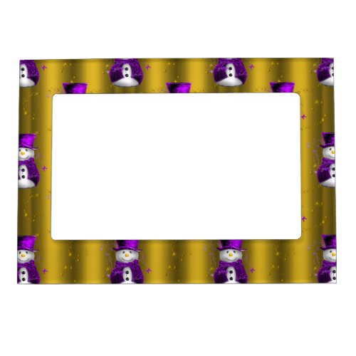 Purple Snowman on Gold Christmas Magnetic Photo Frame