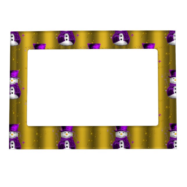 Purple Snowman on Gold Christmas Magnetic Photo Frame (Front)