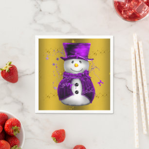 Purple Snowman on Gold Christmas Napkins
