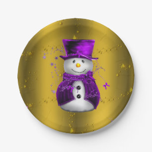 Purple Snowman on Gold Christmas Paper Plates