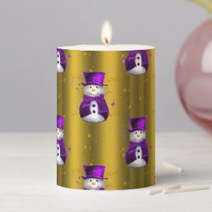 Purple Snowman on Gold Christmas Pillar Candle