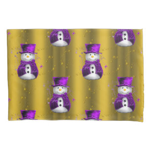 Purple Snowman on Gold Christmas Pillow Case
