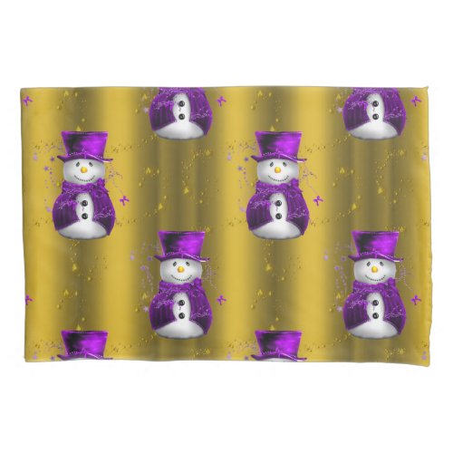 Purple Snowman on Gold Christmas Pillow Case