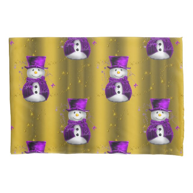 Purple Snowman on Gold Christmas Pillow Case (Front)