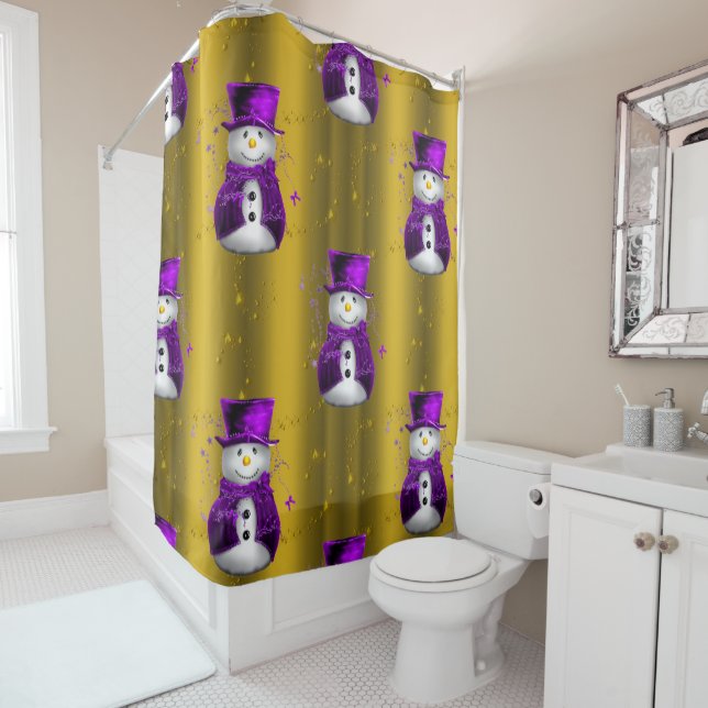 Purple Snowman on Gold Christmas Shower Curtain (In Situ)