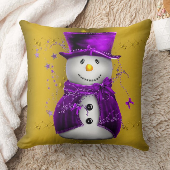 Purple Snowman on Gold Christmas Throw Pillow (Blanket)